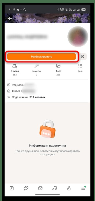 кнопка разблокировки пользователя в профиле одноклассников