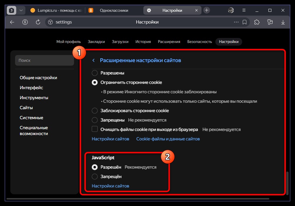 настройка javascript в разрешениях браузера