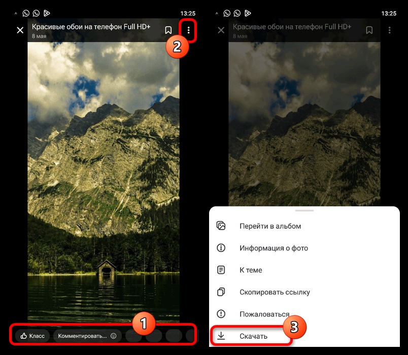 меню фотографии с командой скачать на android