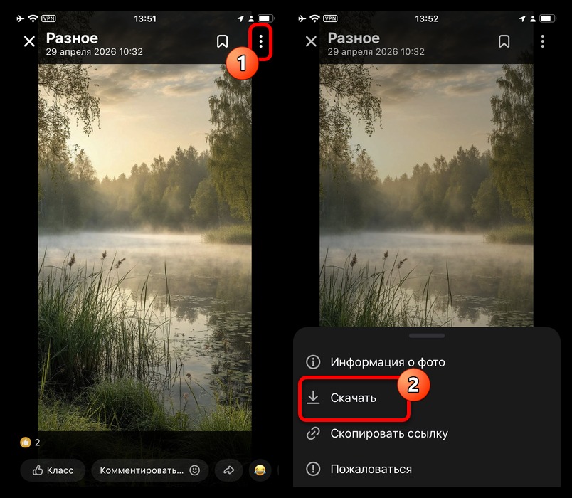 меню просмотра фото с кнопкой скачать на iphone