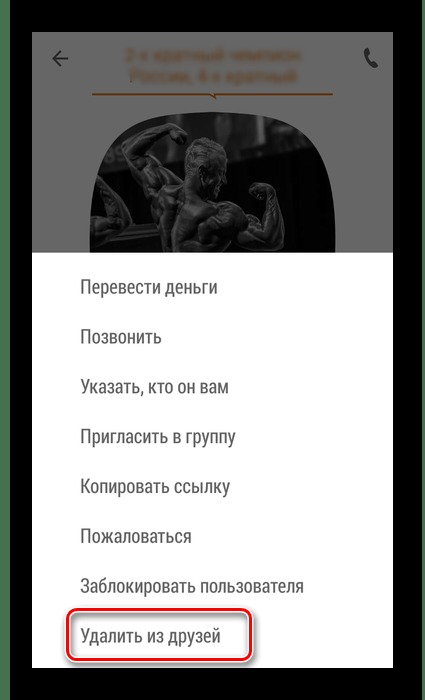 пункт удаления пользователя из друзей в мобильном меню