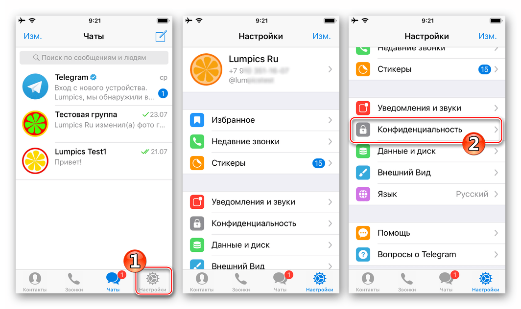 экран iPhone: раздел «Конфиденциальность» в настройках Telegram
