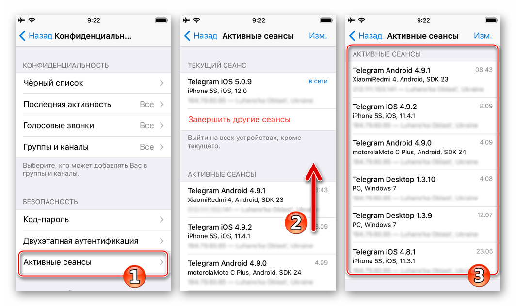 экран iPhone: список активных сеансов Telegram