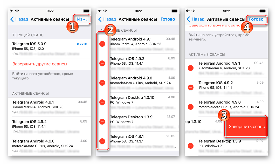 экран iPhone: режим выбора нескольких активных сеансов для завершения