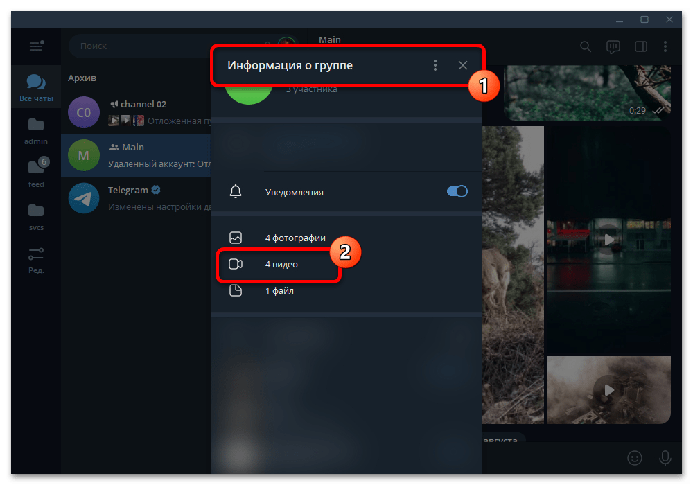 экран Telegram Desktop: категория &laquo;Видео&raquo; в сведениях о чате