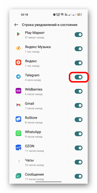 список уведомлений приложений Android с Telegram