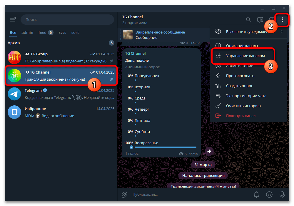 меню управления каналом в Telegram Desktop