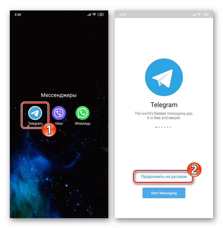стартовый экран Telegram на телефоне