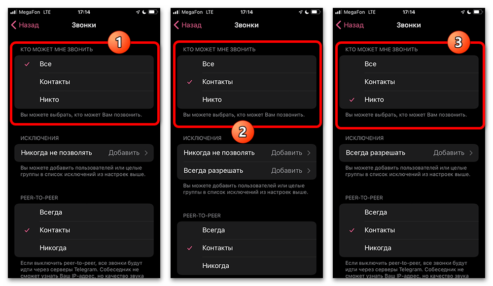 выбор пользователей, которым разрешено звонить в Telegram на iPhone