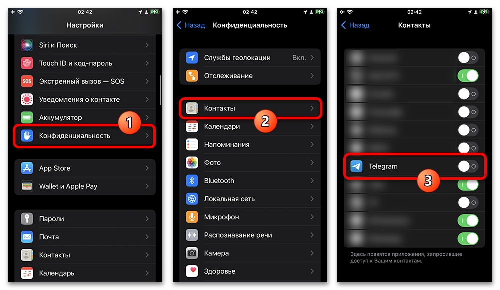 пункт контактов в настройках конфиденциальности iPhone для Telegram