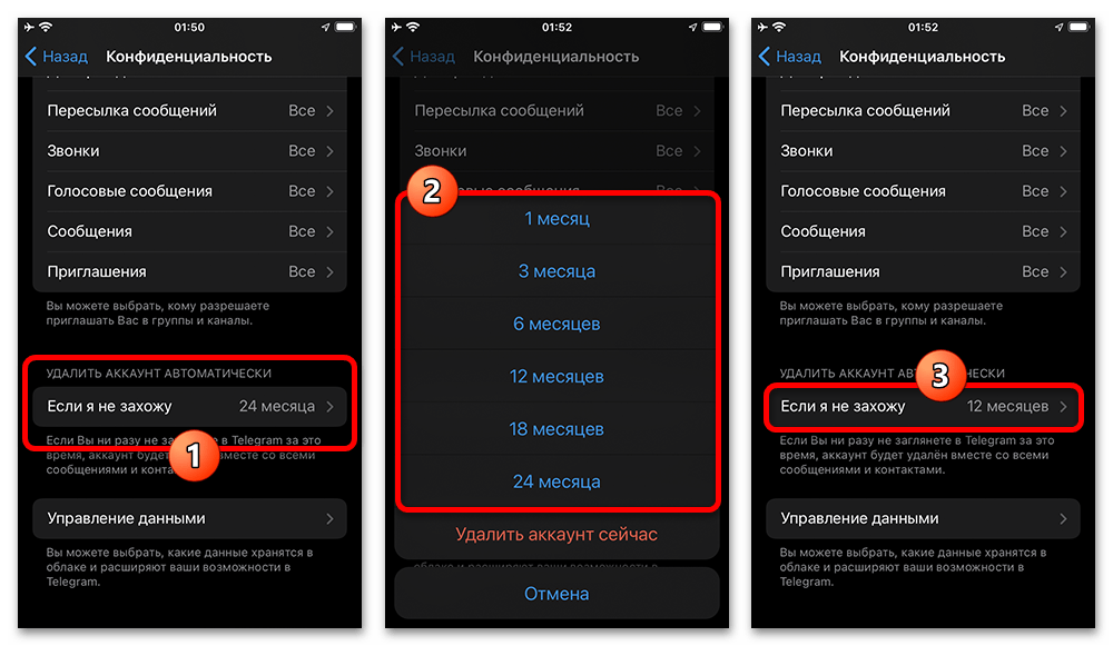выбор срока автоматического удаления аккаунта при бездействии в Telegram