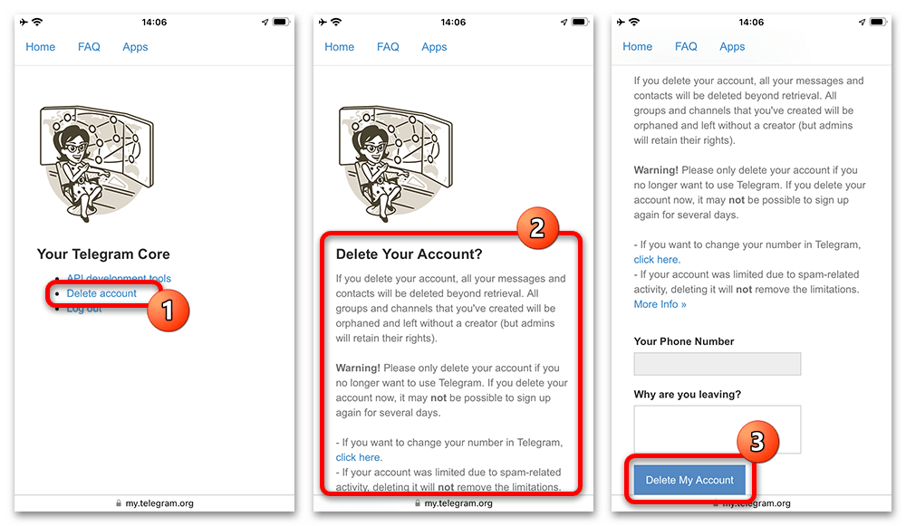 пункт удаления аккаунта и кнопка подтверждения на сайте Telegram