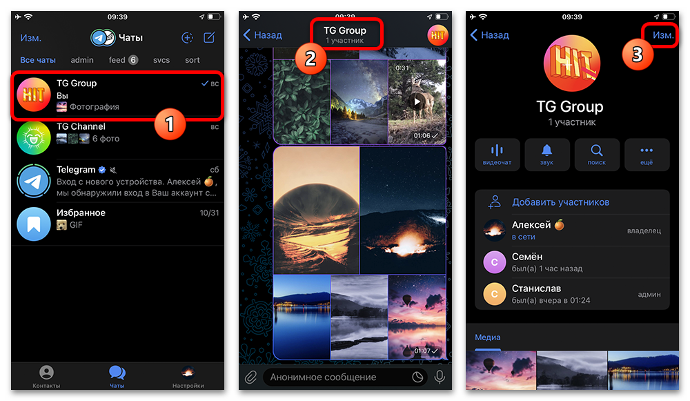 переход из чата к профилю группы Telegram на iPhone