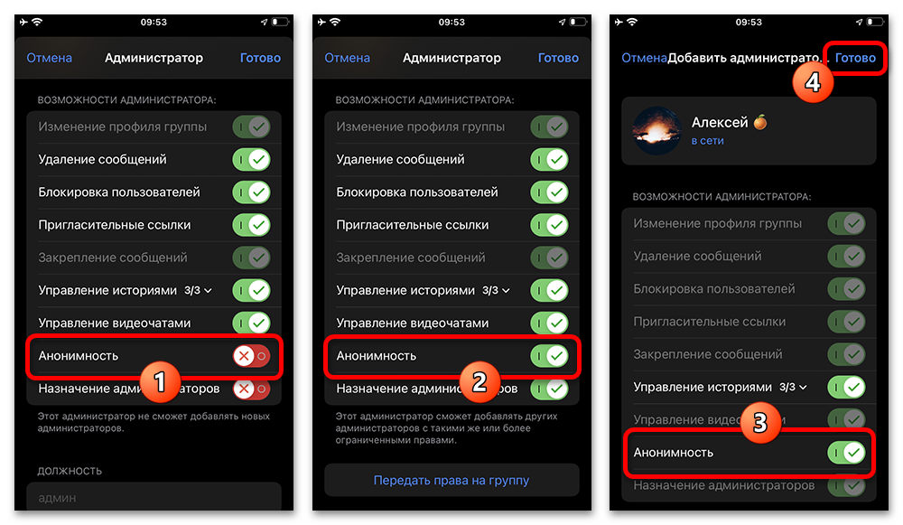 переключатель анонимности в правах администратора группы Telegram