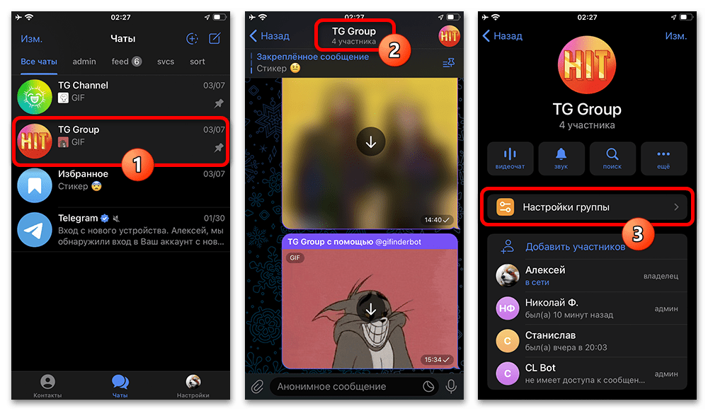 переход из чата к настройкам группы Telegram на iPhone