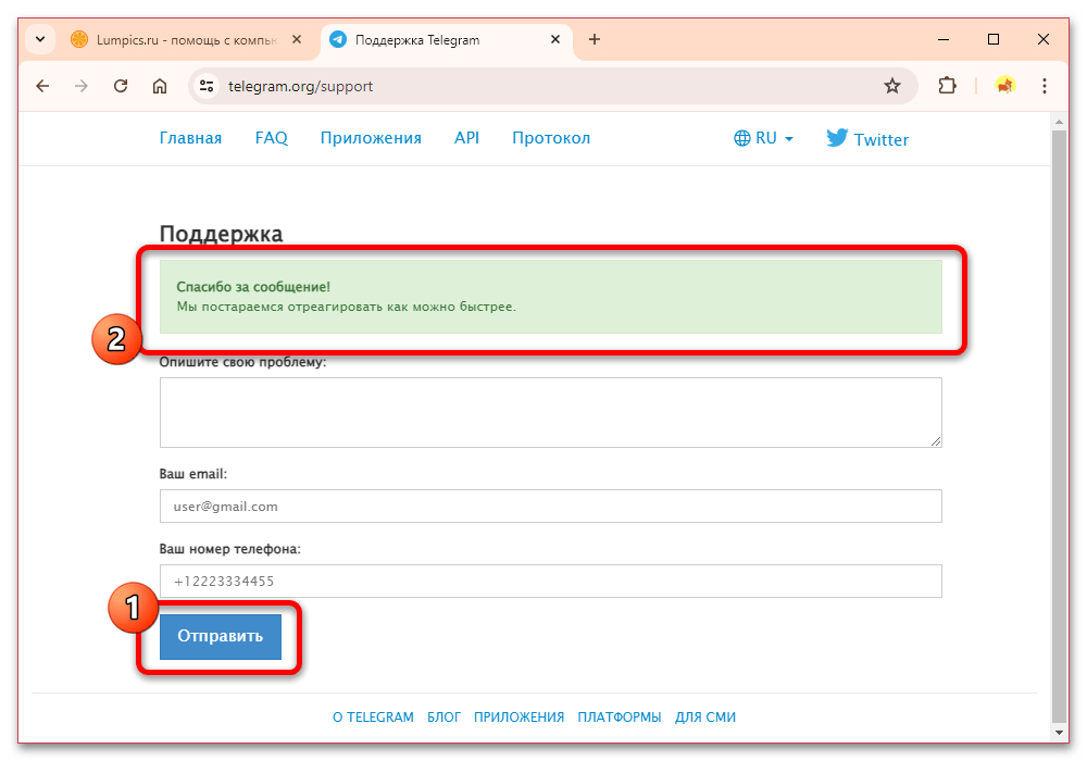 сообщение об успешной отправке заявки через форму поддержки Telegram