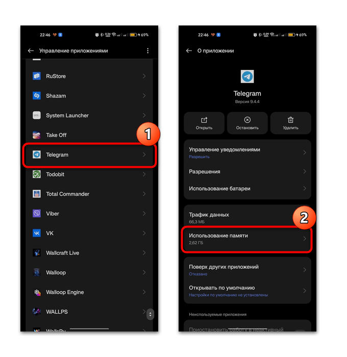 экран Android: окно использования памяти приложения Telegram