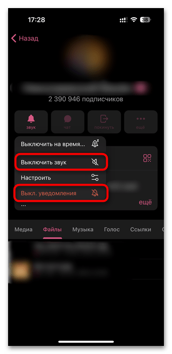 открыты настройки уведомлений для выбранного чата или канала
