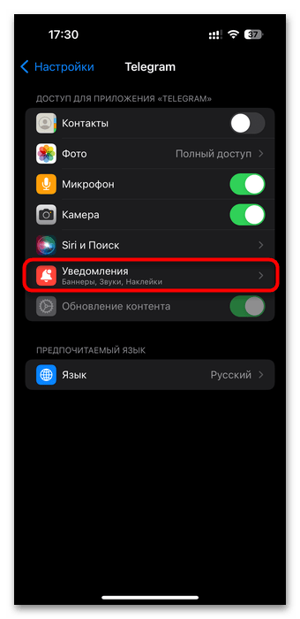 в настройках iPhone открыт раздел уведомлений Telegram