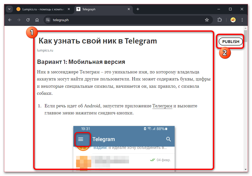 нажатие кнопки PUBLISH для публикации статьи