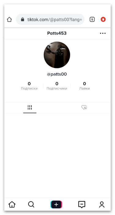 открытая страница профиля TikTok в мобильном браузере