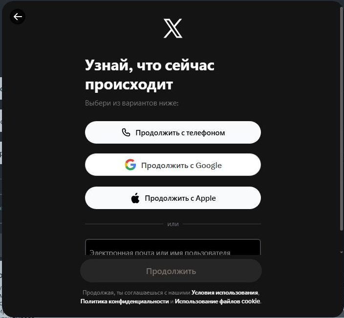 Экран входа в Twitter/X