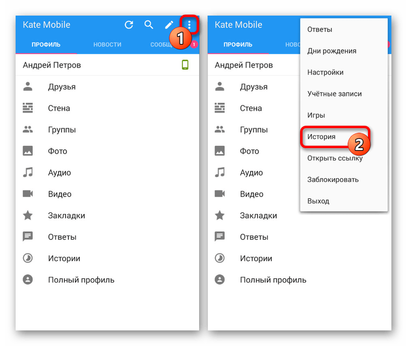 раздел истории в kate mobile