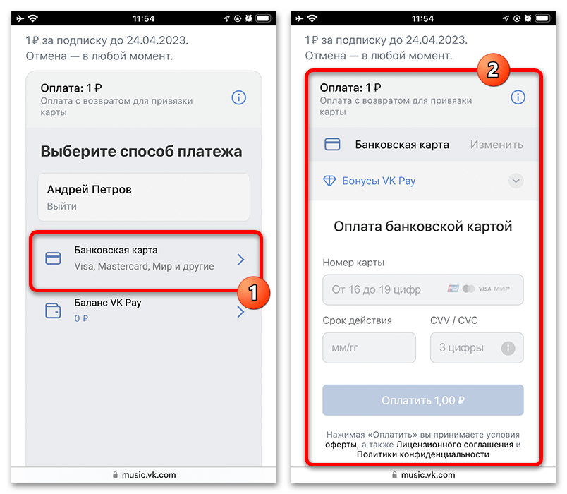 выбор способа оплаты подписки на сайте vk