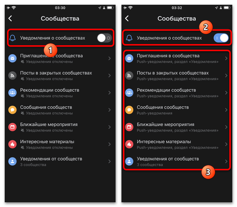 параметры уведомлений от сообществ