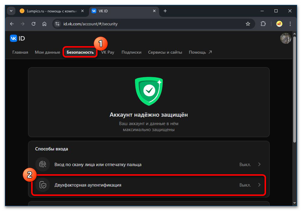 раздел безопасности в настройках vk id