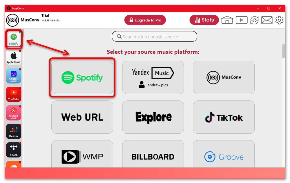 выбор spotify в сервисе musconv