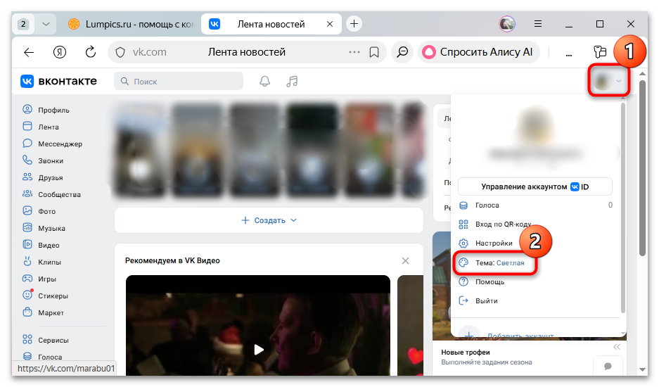меню профиля с выбором темы в вк