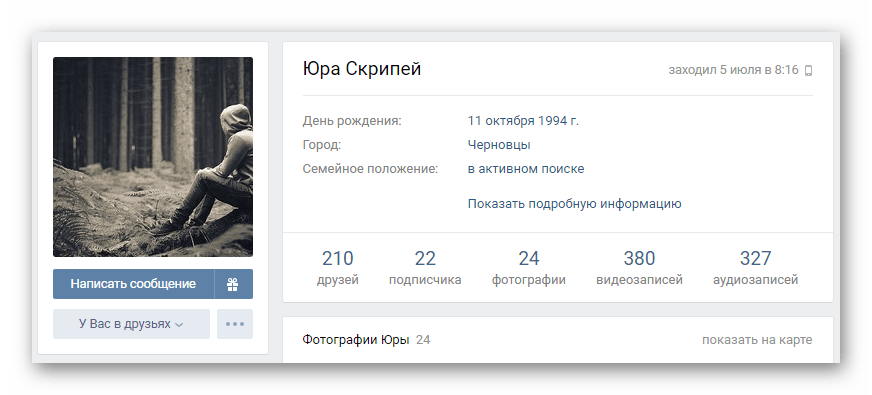 профиль пользователя в веб-версии вконтакте