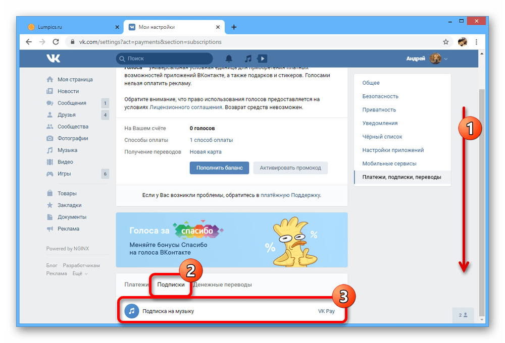 управление платной подпиской на сайте вконтакте
