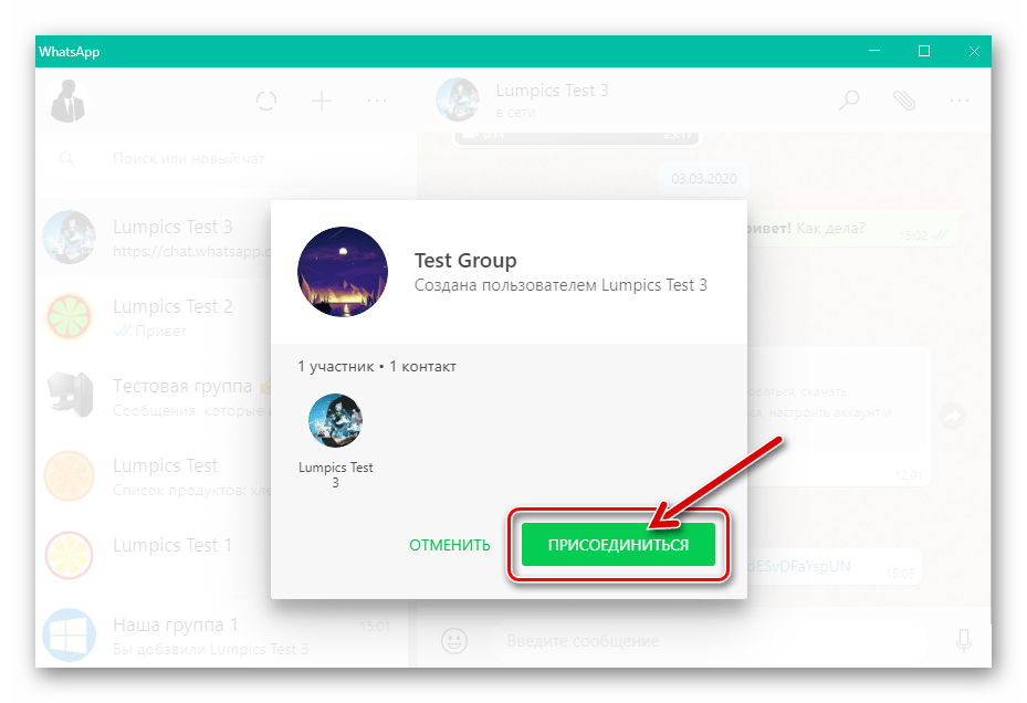 окно присоединения к группе в WhatsApp для Windows