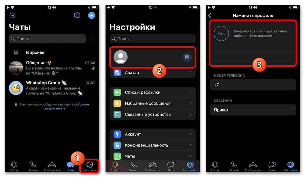 открытие профиля WhatsApp в настройках iPhone