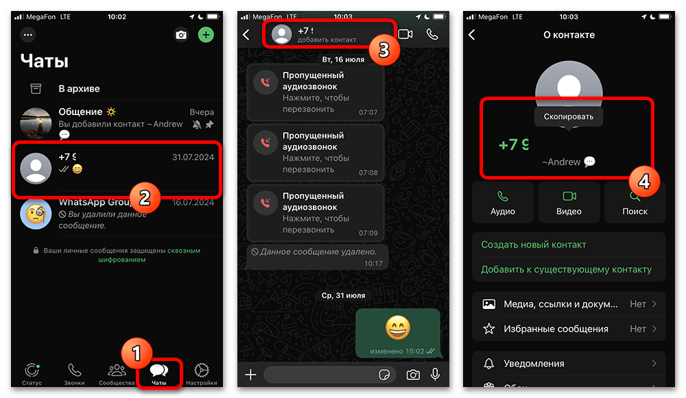 сведения о собеседнике в чате WhatsApp с номером телефона