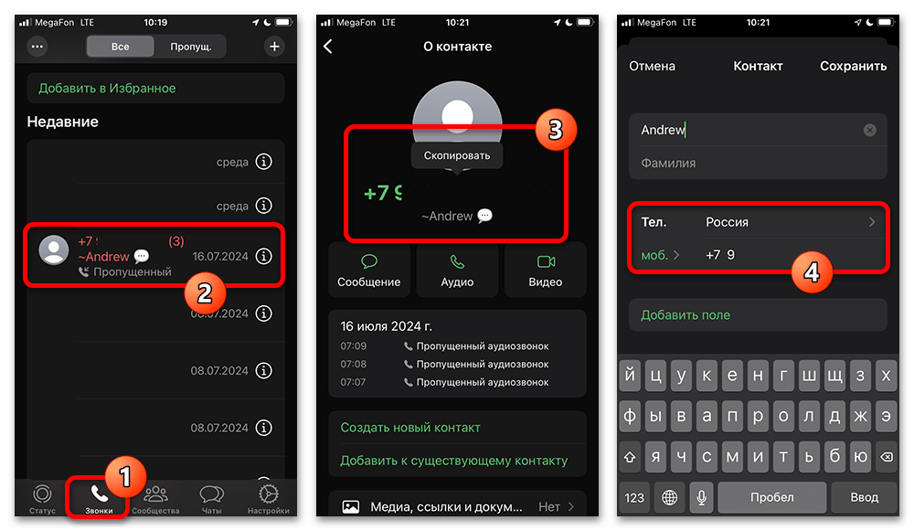 история звонков WhatsApp с выбранной записью