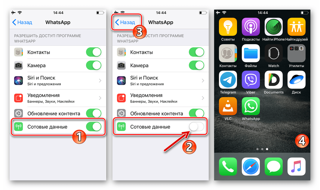 отключение сотовых данных для WhatsApp на iPhone