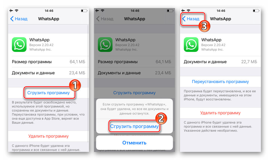 сгрузка приложения WhatsApp на iPhone