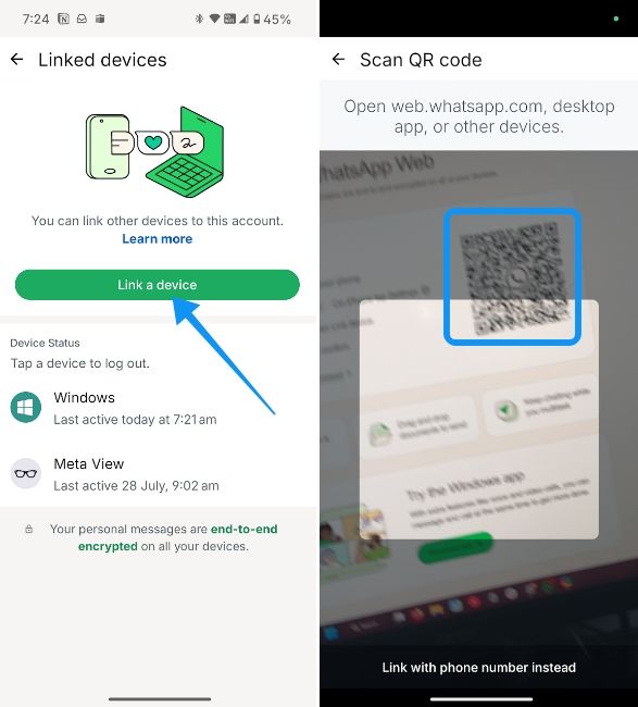 кнопка привязки устройства и сканирование qr-кода в whatsapp